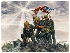 Druhá světová válka, válka v Tichomoří: bitva o Iwo Jimu, vítězství americké námořní pěchoty v únoru 1945 - Druhá světová válka, válka v Tichomoří: Bitva o Iwo Jimu (operace Detachment), americká námořní pěchota vztyčuje americkou vlajku, únor 1945, Japons od Giuseppe Rava