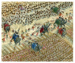 Bitva u Hydasp Alexandr a Porus v roce 327 př. n. l. - Alexandr Veliký pokračuje v dobývání údolí Indu - Alexandr Veliký proti králi Porovi v bitvě u Hydasp - Ilustrace Giuseppe Rava od Giuseppe Rava