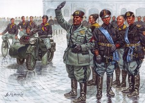 Duce Benito Mussolini (1883-1945) v doprovodu svých Černých košil (Camicie nere), jak se zdraví fašistickou armádou během vojenské přehlídky - Benito Mussolini a Černé košile během vojenské přehlídky - Ilustrace Giuseppe Rava od Giuseppe Rava