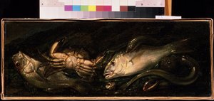 Obraz "Zátiší s rybami a krabem" od Giuseppe Recca (1634-1695) Muzeum umění Michaila Krošitského, Sevastopol (Sevastopol) Ukrajina