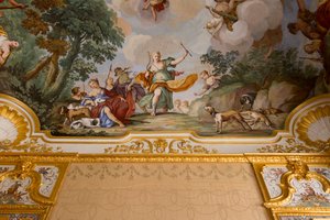 Reprezentace mýtu o Dianě, od Domenica a Giuseppe Valerianiových, freska, klenutý strop ložnice, královský byt, lovecká rezidence, od Filippa Juvarry (1678-1736), Stupinigi, Piemont, Itálie od Giuseppe and Valeriani Domenico Valeriani
