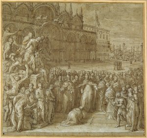 Usmíření mezi papežem Alexandrem III. a Frederickem Barbarossou za přítomnosti dóžete Sebastiana Zianiho (pero a hnědý inkoust s hnědým praním a zvýrazňováním) od Giuseppe della Porta Salviati