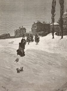 Je zima!, žena chodící ve sněhu, rytina z obrazu Giuseppe De Nittis, kresba Montefusco, L