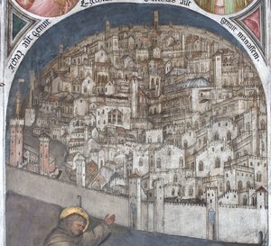 Pohled na Padovu ve čtrnáctém století - bazilika Sant Antonio od Giusto de Menabuoi