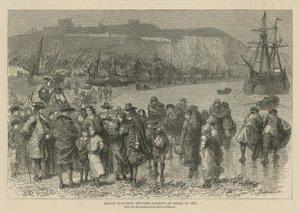 Hugenoti v Anglii: Francouzští hugenoti se vylodili v Doveru v roce 1685 (rytina)