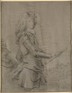 Tříčtvrteční portrét velitele v brnění a s holí v pravé ruce. V pozadí krajina s městem od Godfrey Kneller