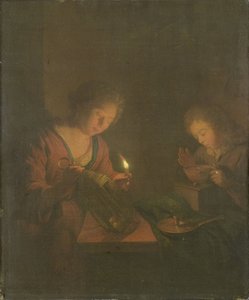 Oheň a světlo (Dívka umístí svíčku do lucerny a chlapec fouká na uhlíky do misky na tření) od Godfried Schalcken (attributed to)