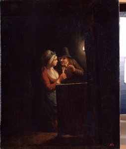 Muž a žena při svíčkách. Obraz Godfrieda Cornelisze Schalckena (1643-1706). Olej na plátně, 31 x 25 cm. Nizozemské umění, barokní umění. Státní muzeum pod širým nebem palác Gatchina, Petrohrad.