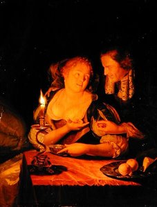 Gentleman nabízející dámě prsten (olej na panelu) od Godfried Schalcken