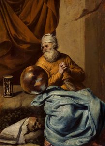 Starý muž s koulí, přesýpacími hodinami, lebkou a knihami (Vanitas) od Gonzales Coques
