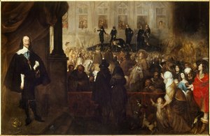 Poprava Karla I. na náměstí Whitehall Square (White Hall v Londýně). Charles I Stuart (1600-1649) král Anglie, Skotska a Irska od roku 1625 do roku 1649 během první anglické revoluce padl na hlavu. Obraz od Gonzalese Hullse (1614-1684) Ec. Podvod.