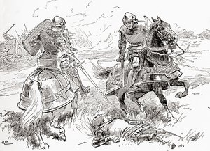 Scéna ze hry Williama Shakespeara Král Jindřich IV., část 1, dějství V, scéna 3, hrabě Douglas: Z díla Williama Shakespeara, vydaného roku 1896: Vše je hotovo, vše je vyhráno, zde bez dechu leží král. od Gordon Frederick Browne
