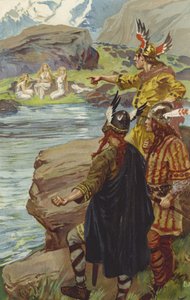 Viděli na břehu jezera tři dívky sedící a předící len (chromolitho) od Gordon Frederick Browne