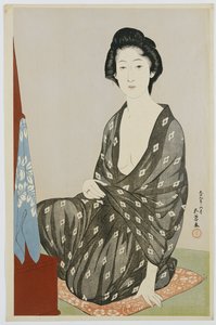 Kráska v černém kimonu s bílými vzory hanabishi, sedící před zrcadlem, 1920 od Goyo Hashiguchi