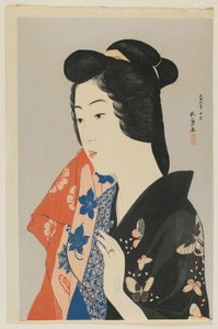 Žena držící ručník, éra Taisho, říjen 1920 (barevný dřevotisk)