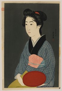 Žena držící tác, éra Taisho, leden 1920 (barevný dřevořez)