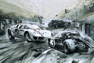 Závod v Le Mans v roce 1967 (kvaš na papíře)