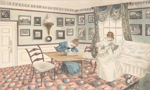 Dvě mladé ženy, které píší a šijí v interiéru v Hattonu, Warwickshire, 1820-30. od Granddaughters of Dr. Samuel Parr.