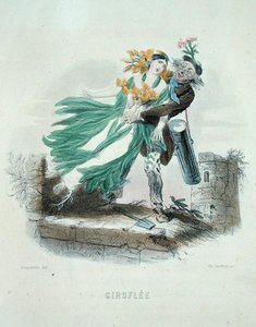 Bylinkářka kradoucí květinu, z knihy "Les Fleurs Animees", rytina Charles Geoffroy (1819-82) od Grandville