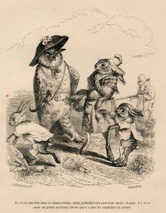 Dva malí zajíci se svou velkou sestrou se zastavili u sovy v poli. Za nimi stojí lovecká liška. Miniatury ilustroval JJ Granville. Rytina signovaná Breviere v části "Příběh zajíce" napsal PJ Stahl v od Grandville
