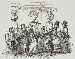 Odchod z divadla, karikatura Jean-Jacques Grandville (1803-1847), litografie Giovanni Mariani z Poliorama Pittoresco, č. 39, 7. května od Grandville
