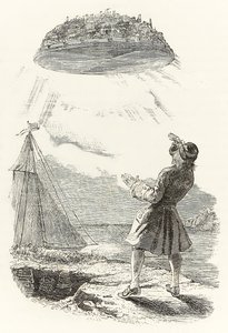 Gulliver poprvé vidí létající ostrov Laputa z „Gulliver