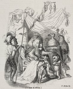 Lev Afriky, postava příběhu lva afrického a tří původních mladých lvů, litografie Filippo Molino (1804-1856) podle kresby Jean-Jacques Grandville (1803-1847), od Grandville