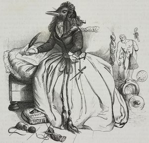 Gramotná žena, karikatura Jean-Jacques Grandville (1803-1847), litografie Giovanni Mariani z Poliorama Pittoresco, č. 18, 11. prosince od Grandville