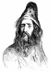 portrét Robinsona Crusoe po 11 letech na opuštěném ostrově - ilustrace od Grandvillea k románu Daniela De Foe (Defoe) - vydání Garnier 1869 s. 138.