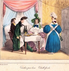 Živá karta restaurace: Okurka pro dva, studené kuře 1831-32 (litografie) od Grandville