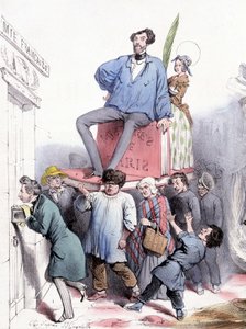 Alfred de Vigny klepe na dveře Akademie se svými kompletními díly a Eugène Sue, sedící na „“Les mystères de Paris””, oblečený v modrém plátěném paletě prince Rodolpha - od Grandville, v “”Le Charivari””” z 21/02/1844 od Grandville