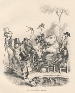 Zvířata v elegantním oblečení procházející se v Tuileries. Viněty ilustroval JJ Granville. Rytina podepsaná Andrewem, Bestem a Leloirem v části "Historie zajíce", kterou napsal PJ Stahl ve "Scénách ze soukromého a veřejného života zvířat". Sázka od Grandville