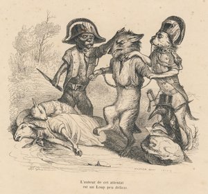 Zatčení vlka, který právě zabil dvě ovce. Ilustrované viněty od JJ Granvillea. Rytina podepsaná Andrew, Best a Leloir v části nazvané "Cour criminelle de justice animale", kterou napsal Emile de La Bedolliere v knize "Scenes de la vie privee et p". od Grandville