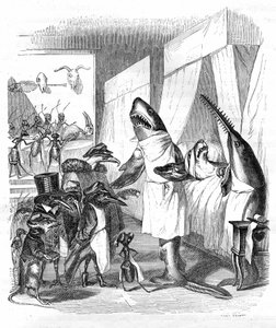Karikatura: Ryby - lékaři: Rytina Grandville, z knihy "Soukromý a veřejný život zvířat (Les animaux ints par eux memes)", Hetzelovo vydání 1867 str. 551 - Žralok a pila (Rybí pila) u lůžka nemocného.