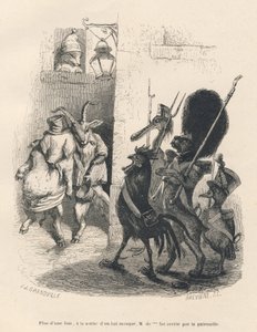Opilé prase a koza překračující hlídku složenou ze psa, kohouta, kachny a pelikána. Miniatury ilustroval JJ Granville. Rytina signovaná Brevierem v části nazvané „Vzpomínky na krokodýla“, kterou napsal Emile de La Bedolliere od Grandville