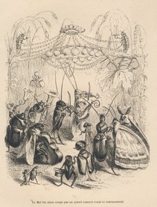 Koncert hmyzu na plese. Miniatury ilustroval JJ Granville. Rytina podepsána Godardem v části nazvané „Příhody motýla“, kterou napsal PJ Stahl ve „Scénách ze soukromého a veřejného života zvířat“. Paris, J. Hetzel a Paulin od Grandville