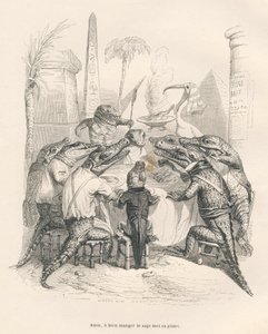 Krokodýli kolem stolu v Egyptě. Miniatury ilustroval JJ Granville. Rytina podepsaná Andrewem, Bestem a Leloirem v části nazvané „Vzpomínky na krokodýla“, kterou napsal Emile de La Bedolliere ve „Scénách ze soukromého a veřejného života zvířat“. od Grandville