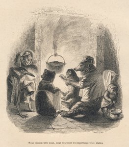 Dva návštěvníci přicházejí obtěžovat medvědí rodinku sedící před krbem, ve kterém je na stojanu zavěšen hrnec. Miniatury ilustroval JJ Granville. Rytina signovaná Breviere v části nazvané „L