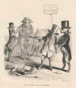 Duel v Bois de Boulogne. Miniatury ilustroval JJ Granville. Rytina signovaná Breviere v části "Příběh zajíce" od PJ Stahla ve "Scénách ze soukromého a veřejného života zvířat". Paris, J. Hetzel a Paulin od Grandville