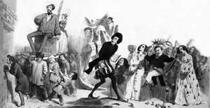 Francouzští romantičtí spisovatelé (Alfred de Vigny, Victor Hugo, Alexandre Dumas otec, Honore de Balzac ), kteří chtějí vstoupit do Francouzské akademie, ale dveře jsou zavřené, rytina