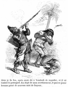 Ilustrace k románu Robinson Crusoe od Daniela de Foe (DeFoe) od Grandville - edice Garnier 1869 s193. Robinson střílí z pušky před frighy Friday.