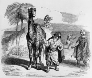 La Fontainova pohádka (autor Jean de La Fontaine) : Velbloud a plovoucí tyče, rytina J. J. Grandville, asi 1838-40