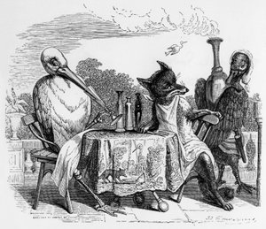 La Fontainova pohádka (autor Jean de La Fontaine) : Liška a čáp, rytina J. J. Grandville, asi 1838-40