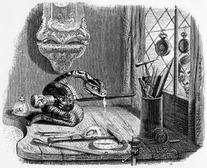 La Fontainova bajka (Jean de La Fontaine) : had a pilník, rytina J. J. Grandville, asi 1838-40