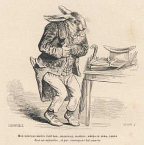 Králík jako mladší zaměstnanec na ministerstvu. Viněty ilustroval JJ Granville. Rytina signovaná Breviere v části "Historie zajíce" od PJ Stahla ve "Scénách ze soukromého a veřejného života zvířat". Paris, J. Hetzel a Paulin od Grandville