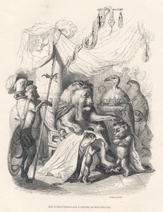Mladá lvíčata dostávají požehnání lvího krále. Viněty ilustroval JJ Granville. Rytina podepsána Brevierem v části nazvané „Cesta afrického lva v Paříži“, kterou napsal Honore de Balzac ve „Scenes de la vie privee et publique des od Grandville