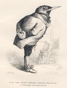 Merle „starý, zlomený, upovídaný, rozmarný, ale dobrý, ale oddaný a domácí povahou“. Viněty ilustroval JJ Granville. Rytina signovaná Tamisier v části nazvané „Vzpomínky staré vrány“, kterou napsal PJ Stahl v „Scénách ze života od Grandville