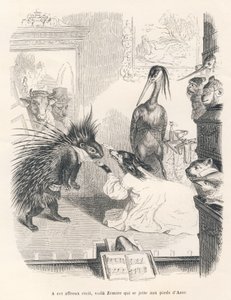 Opera s dikobrazem, psem a volavkou na jevišti. Viněty ilustroval JJ Granville. Rytina podepsaná Godardem v části nazvané "Le premier feuilleton de Pistolet", kterou napsal Jules Janin v knize "Scenes de la vie privee et publique des animaux". od Grandville