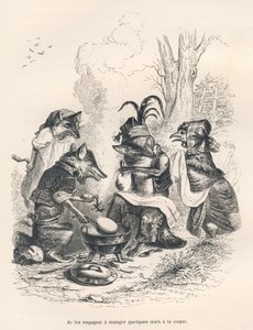 Lišky jedí kohoutí vejce před plačící slepicí. Viněty ilustroval JJ Granville. Rytina podepsána Godardem v části nazvané „Liška chycená do pasti“, kterou napsal Charles Nodier ve „Scénách ze soukromého a veřejného života zvířat“. od Grandville