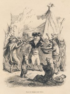 Revoluce vlků a svoboda a právo vlka. Viněty ilustroval JJ Granville. Rytina podepsána Godardem v části nazvané „Voyage d